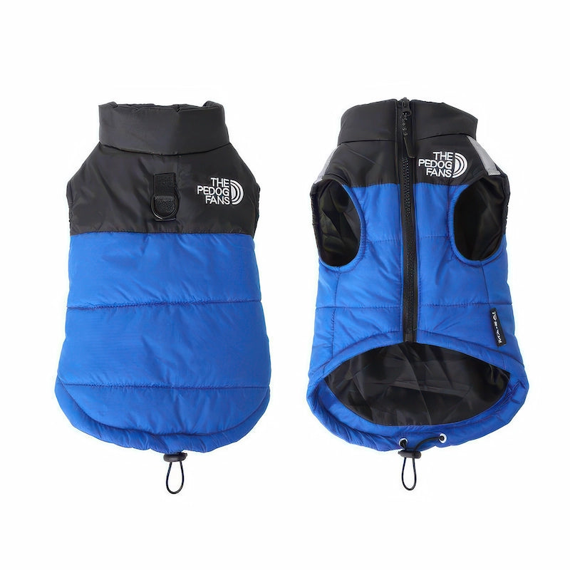 犬 服 冬用 ダウンベスト ブルー 背中開きジッパーとDカン詳細
