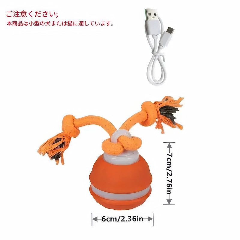 直径6cmのスマートボール本体と7cmのロープアクセサリー、USB充電ケーブルのセット。小型犬や猫に最適なサイズで、噛みやすい設計のペット用おもちゃ。