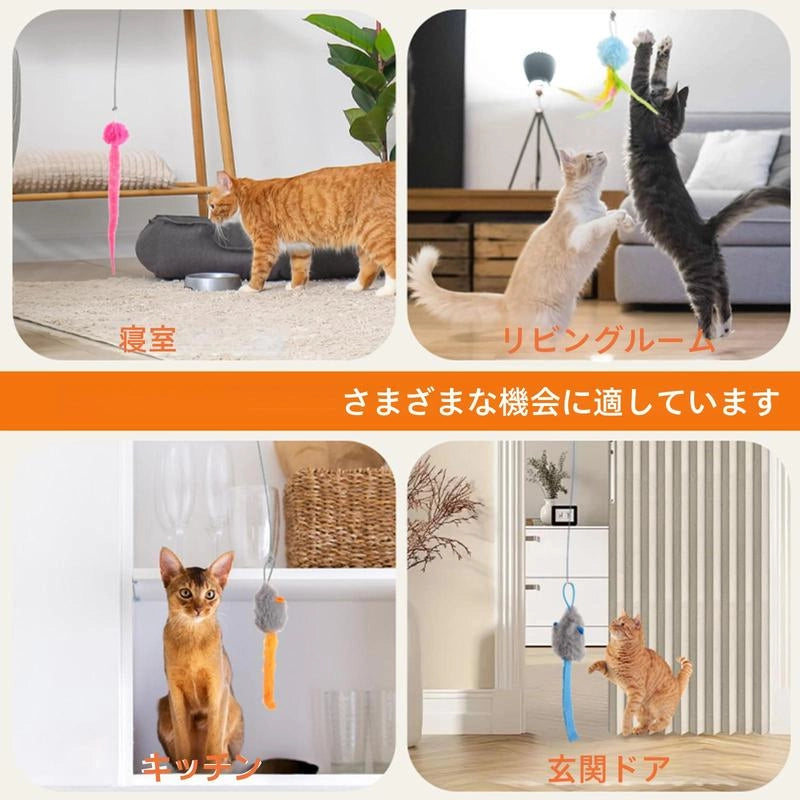 自動猫じゃらしの設置場所イメージ。寝室、リビングルーム、キッチン、玄関ドアなど、家中の様々な場所に取り付けて猫の遊び場にする使用例。