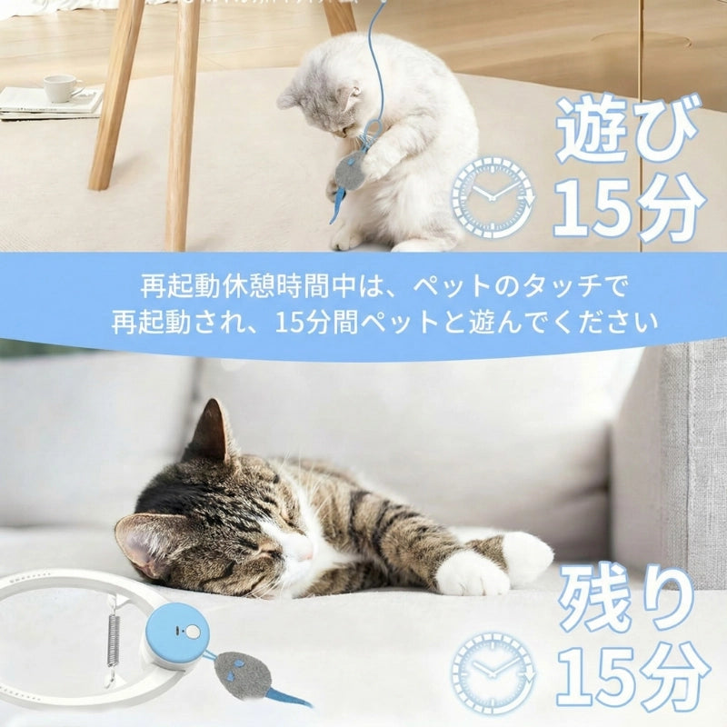 スマートタイマー機能の説明。15分間の自動稼働後に休憩モードに入り、ペットがタッチすると再起動する省エネ・安全設計の電動おもちゃ。