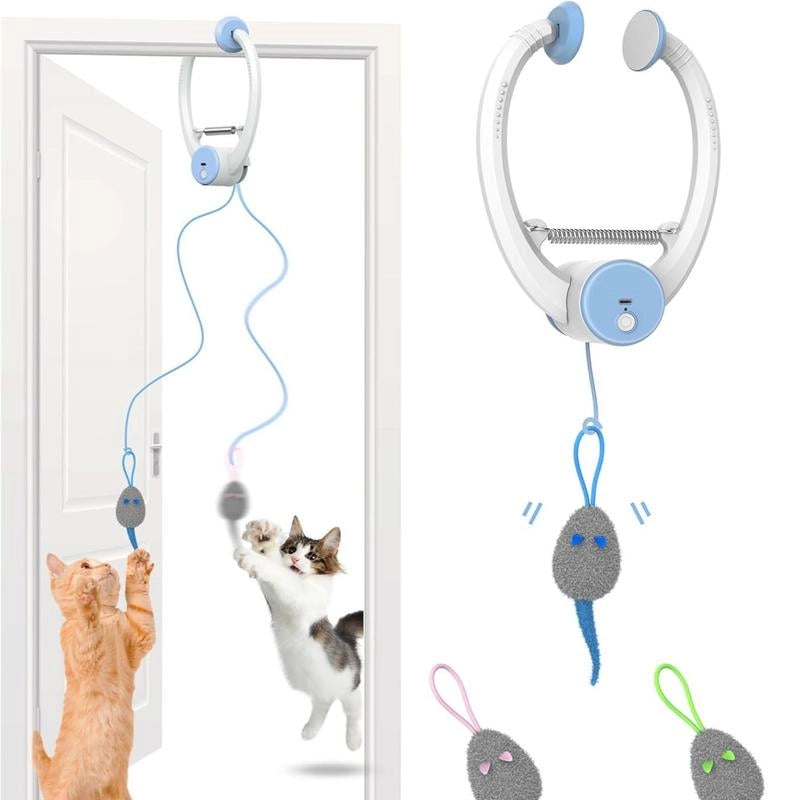 もふもふ幸せ 自動猫じゃらし（標準モデル・ブルー）。ドアに設置して猫がジャンプして遊ぶ、運動不足解消のためのインタラクティブおもちゃ。