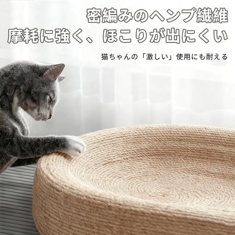研ぎカス・ゴミが出にくい高密度編みの麻縄素材アップと爪を研ぐ猫