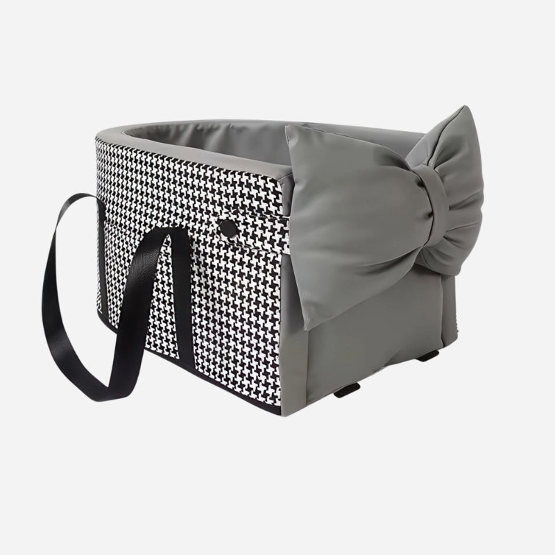 車載ペットベッド 千鳥格子柄 グレー 大きなリボン付き 可愛いデザイン ファッション性抜群 アームレスト設置 小型犬 お出かけ