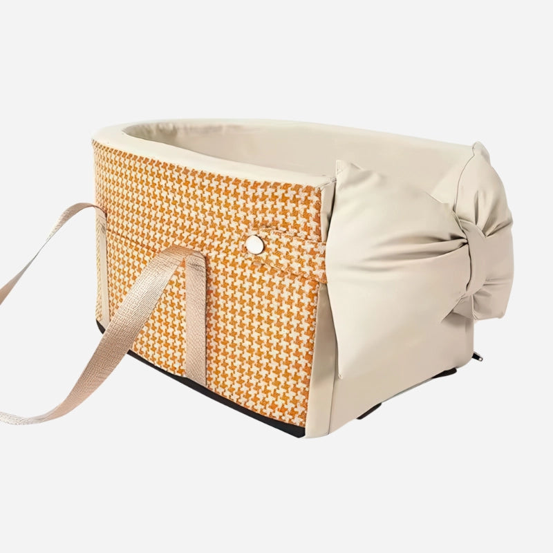 ペット ドライブベッド 千鳥格子柄 イエロー シャンパンカラー リボン付き 明るいデザイン おしゃれ アームレスト 車 犬 ベッド