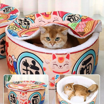 招き猫と和柄デザインのカップ麺型猫ベッド ユニークなドーム型ペットハウス もふもふ幸せ