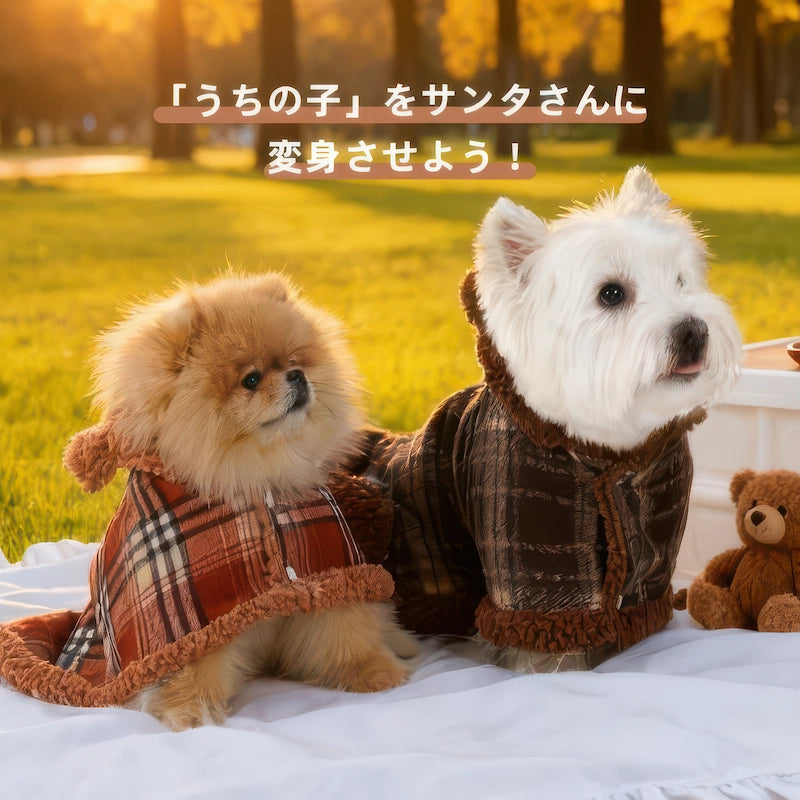 犬 ポンチョ 着用イメージ ポメラニアン ブリティッシュワイン 赤チェック柄 可愛い 正面座り