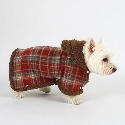 犬 着る毛布 フード被り くま耳装着 ポメラニアン メイラードカーキ チェック柄 防寒