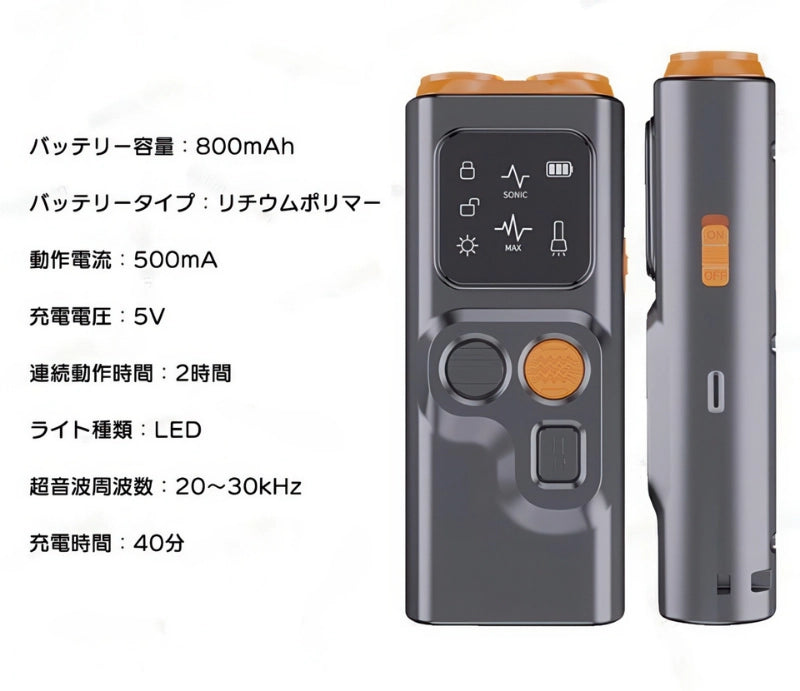 無駄吠え防止グッズ製品仕様詳細 バッテリー800mAh 超音波20-30kHz 動作電流500mA 充電時間40分