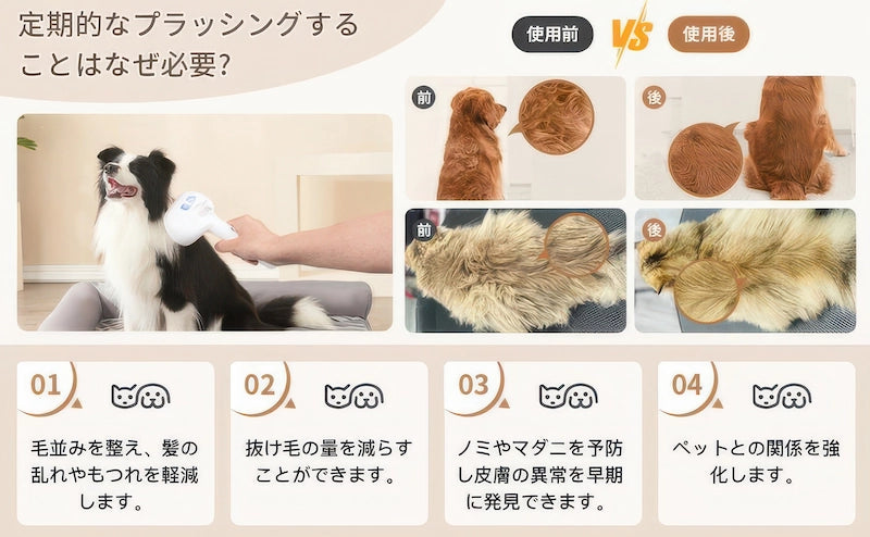 ブラッシング効果のビフォーアフター 抜け毛除去による毛並み改善ともつれ解消 ノミダニ予防