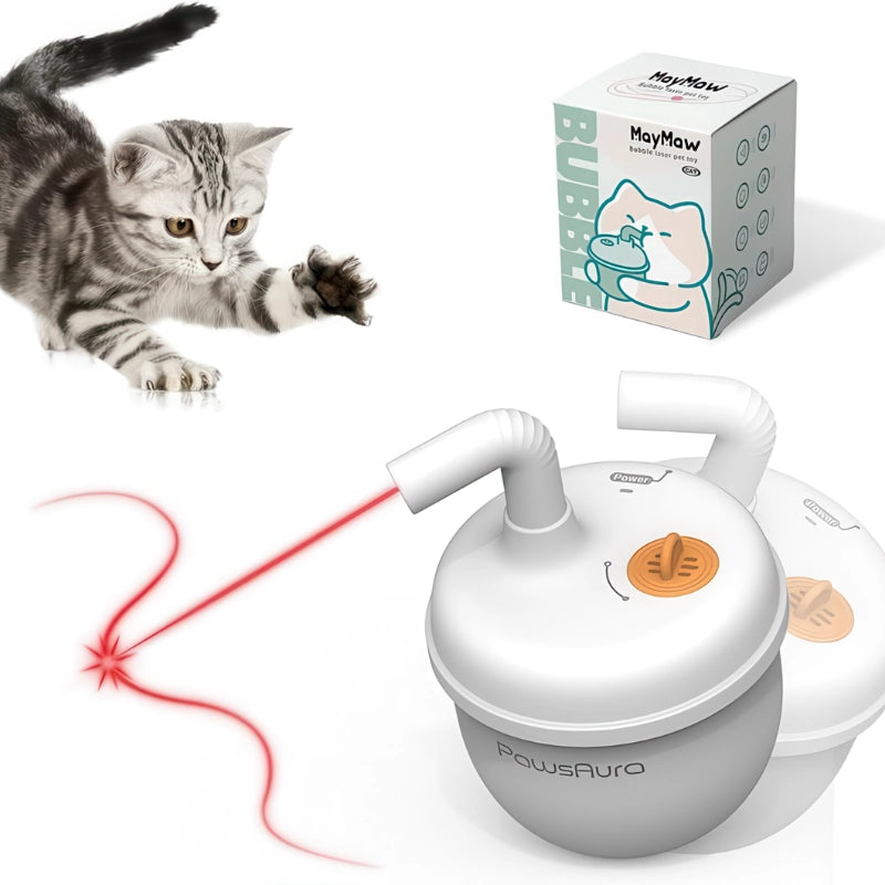 猫 おもちゃ 自動 PawsAuroのパッケージと子猫がLEDライトを追いかける様子