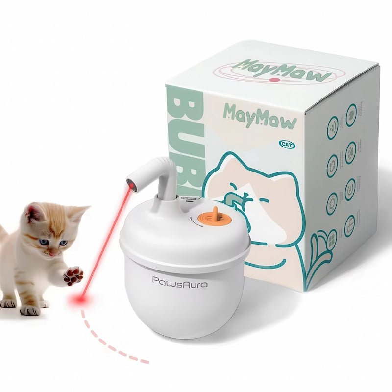 ホワイトカラーの猫 おもちゃ 自動。LEDライトを追いかける子猫とパッケージ。