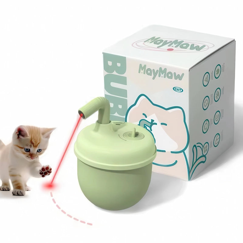 グリーンカラーの猫 おもちゃ 自動。LEDライトを追いかける子猫とパッケージ。