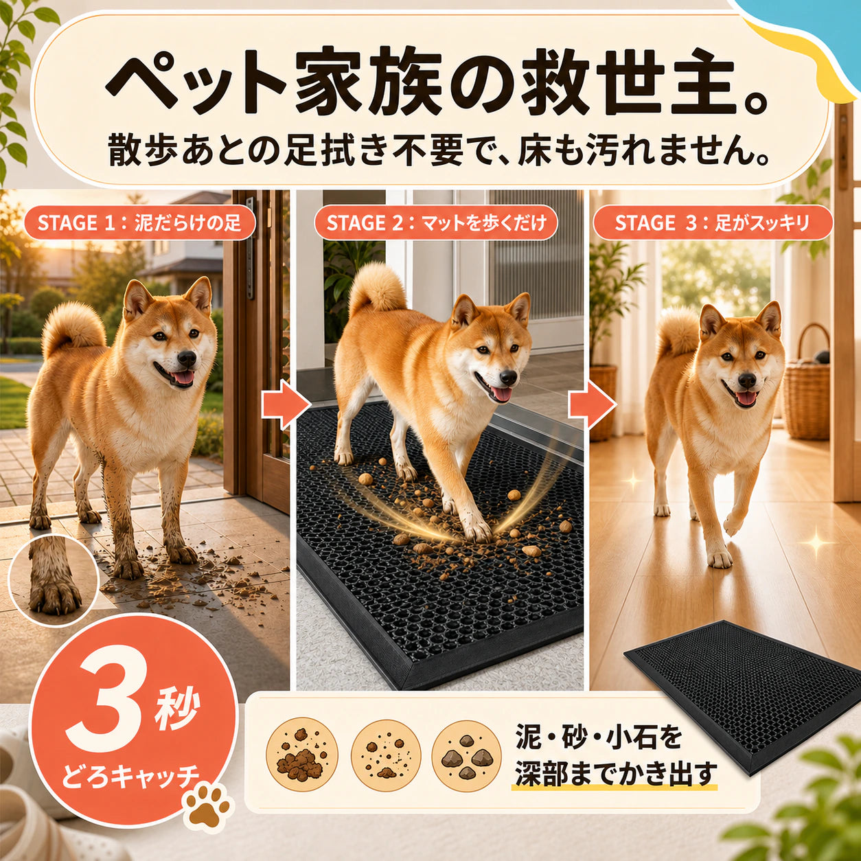 泥落とし玄関マット「3秒どろキャッチ」── 散歩あとの足も、梅雨の泥も、玄関でぜんぶ止める。