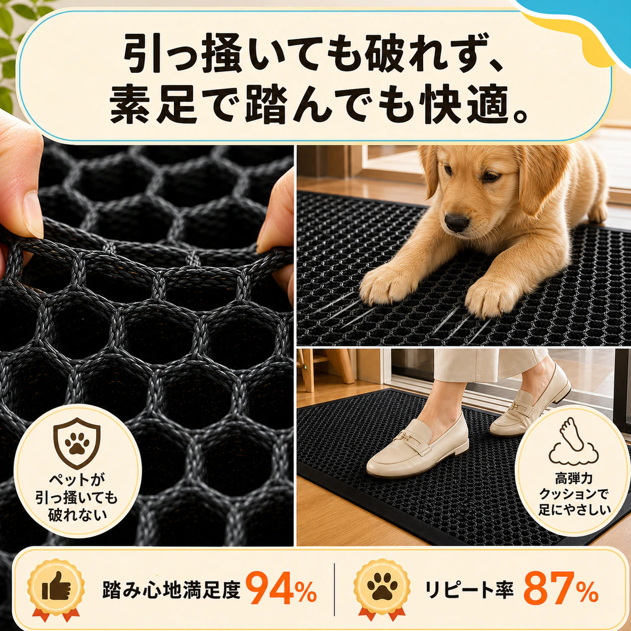 泥落とし玄関マット「3秒どろキャッチ」── 散歩あとの足も、梅雨の泥も、玄関でぜんぶ止める。