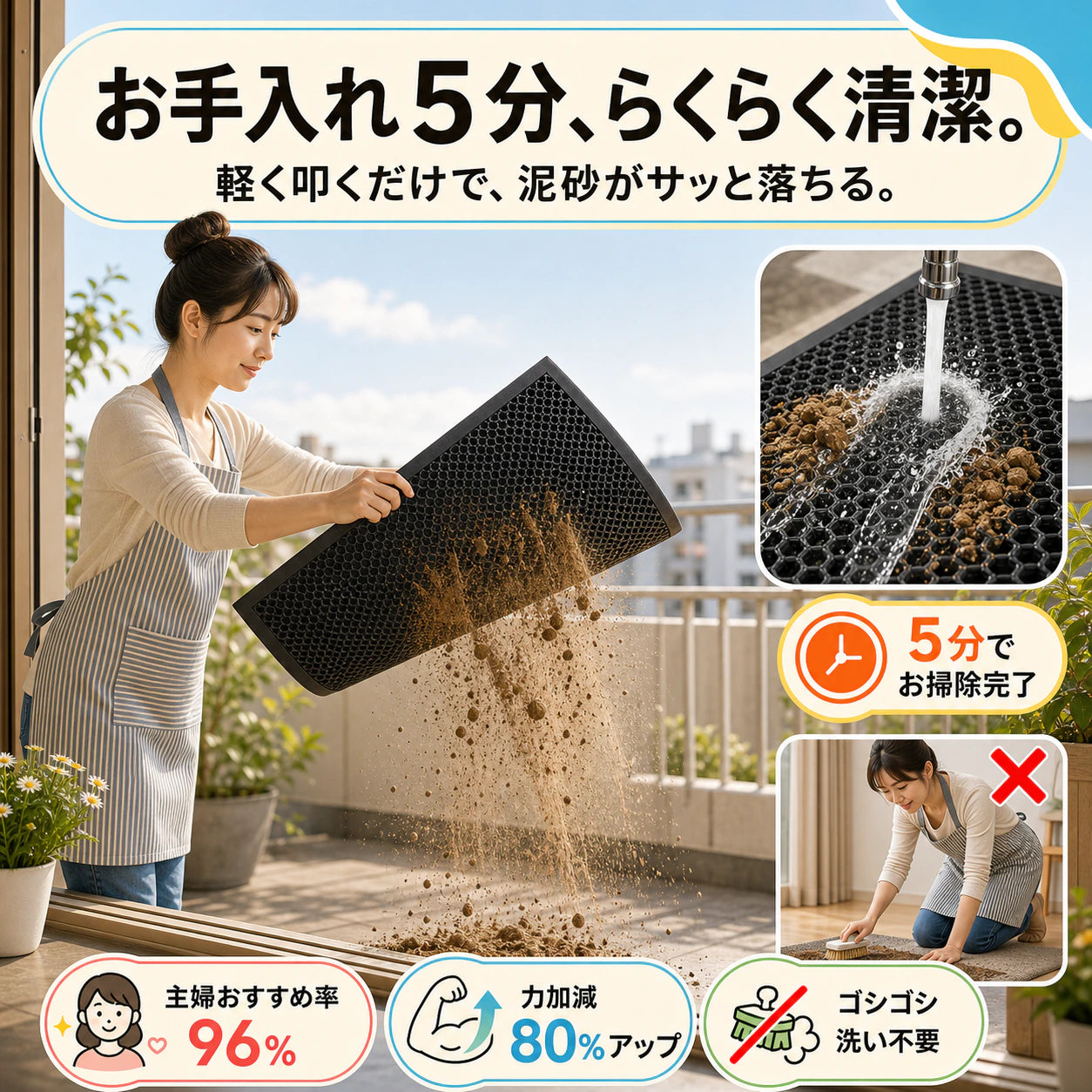 泥落とし玄関マット「3秒どろキャッチ」── 散歩あとの足も、梅雨の泥も、玄関でぜんぶ止める。