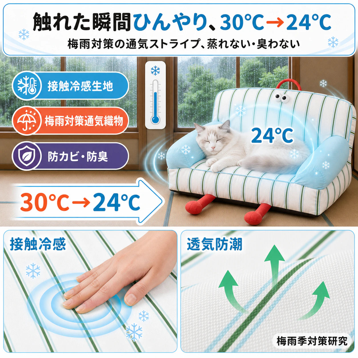 ペットベッド ソファ型｜10cm三方包囲で包む、接触冷感ひんやりソファベッド