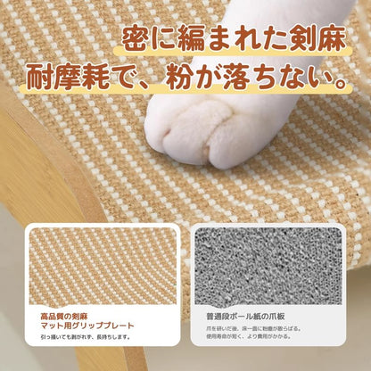 高品質剣麻素材と普通段ボール紙の爪とぎ板の比較画像。剣麻は耐摩耗性が高く粉塵が出ず長持ちすることを示す比較表