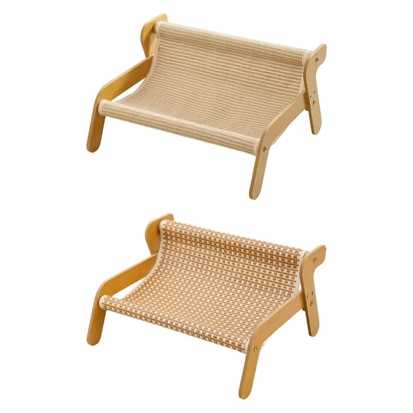 環境に優しいエコ素材使用。サステナブルな天然木と麻繊維の猫用爪とぎラウンジベッド