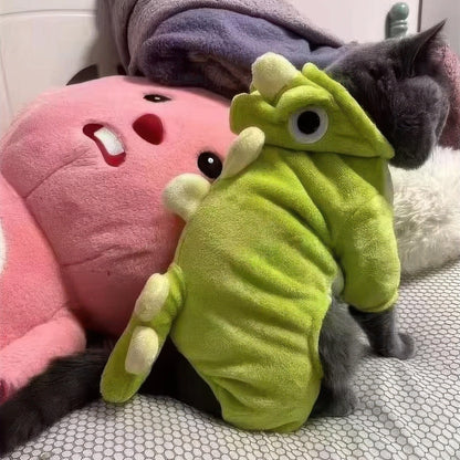 猫 服 恐竜 グリーン 着ぐるみ かわいい 後ろ姿 ペット服