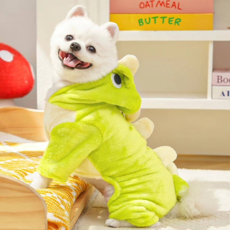 犬服 恐竜 グリーン 横向き 立ち姿 全身 コーデ ドッグウェア