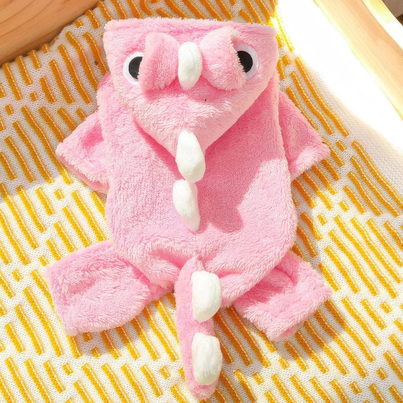 犬服 恐竜 ピンク ロンパース フード付き 背中 可愛いデザイン