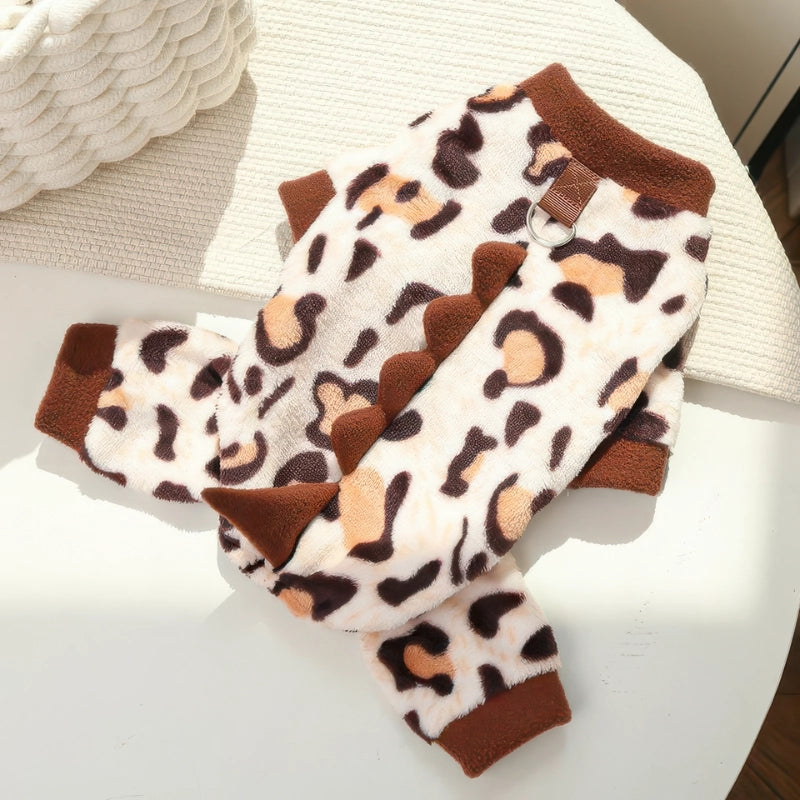 犬服 恐竜 ヒョウ柄 ブラウン ロンパース フリース素材