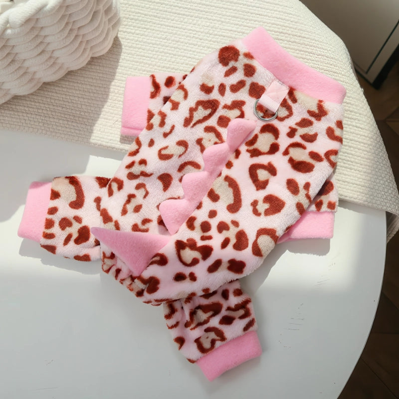 犬服 恐竜 ヒョウ柄 ピンク ロンパース つなぎ 背中